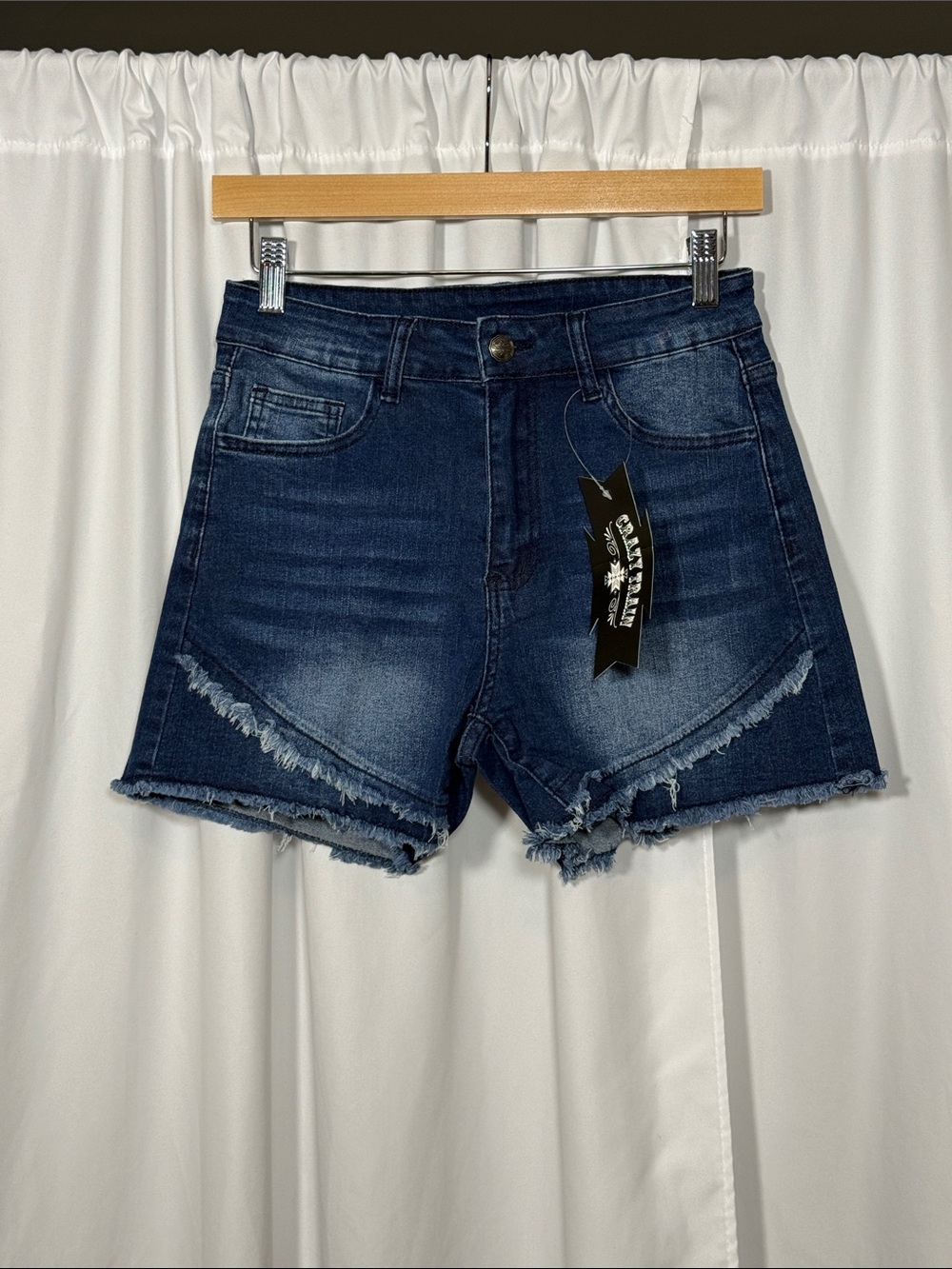 Crazy Train Dark Blue Distressed Frayed Hem Jean Shorts